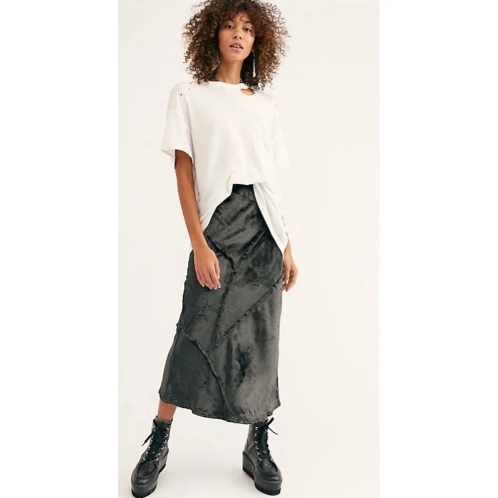 Free People Crushed Velvet Midi Skirt Pine Green Grey Distressed Small
